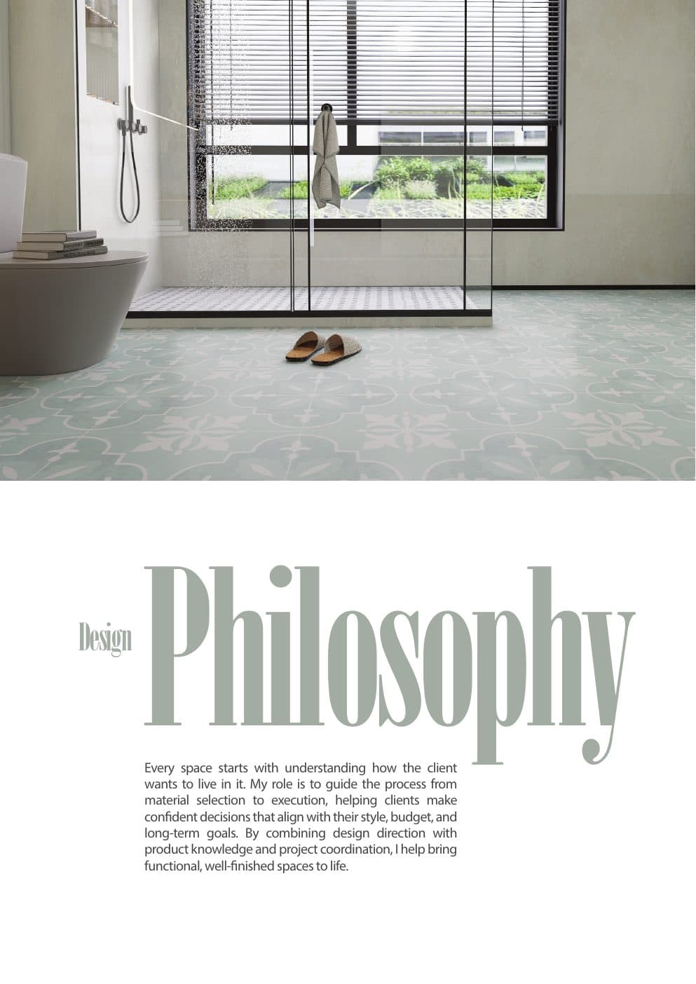 Rendered design philosophy page from the interior flooring portfolio.