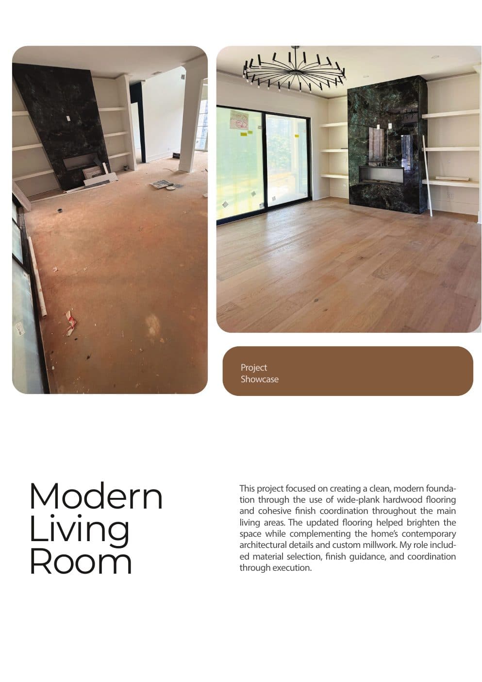 Rendered modern living room project showcase page.