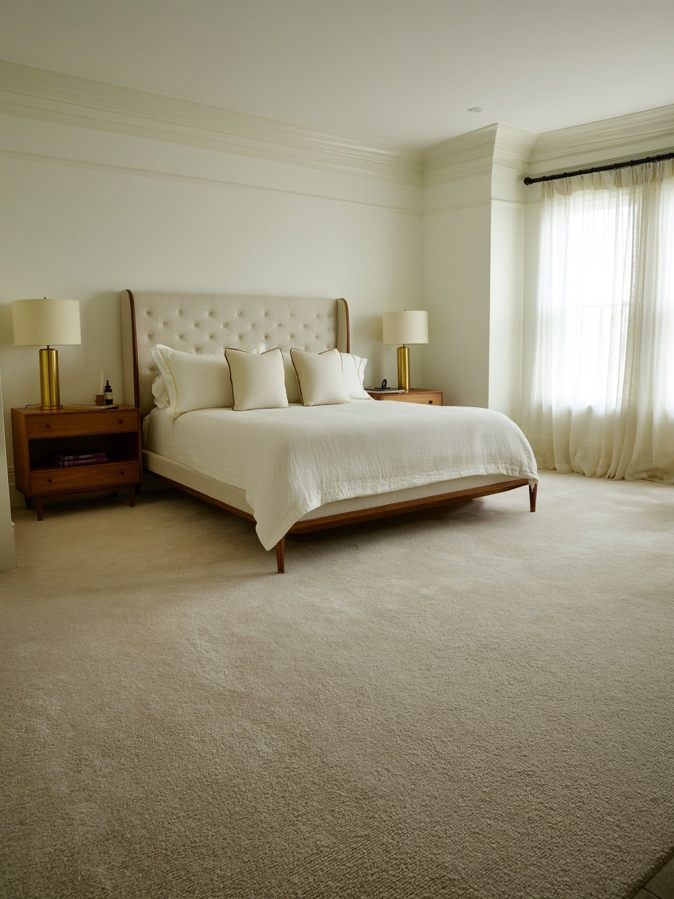 Primary bedroom with plush wool-blend greige carpet, tufted linen headboard, walnut nightstands.